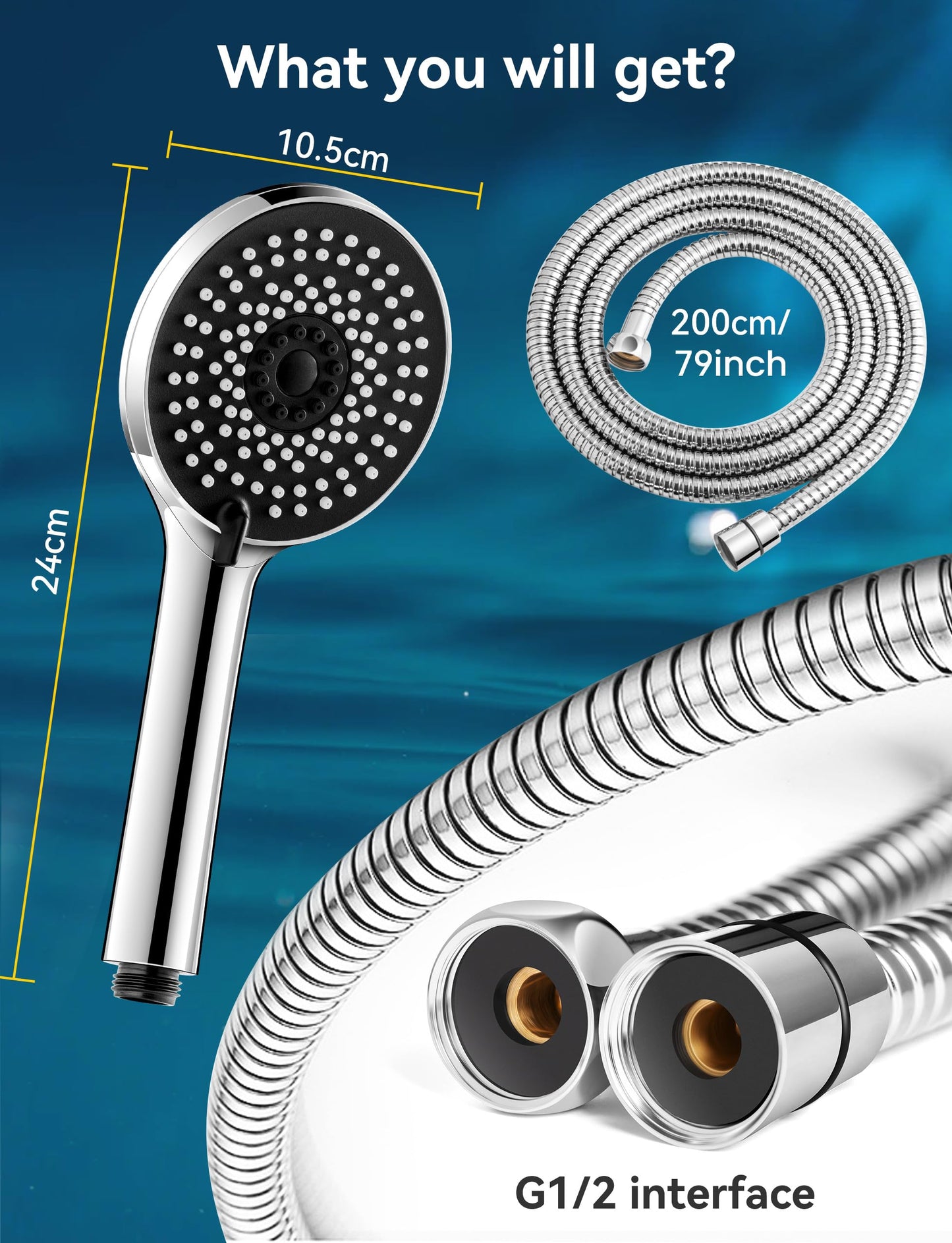 Magichome Shower Head and Hose 2M, High Pressure Shower Head with 5 Modes, Universal Handheld Showerhead for Low Water Pressure