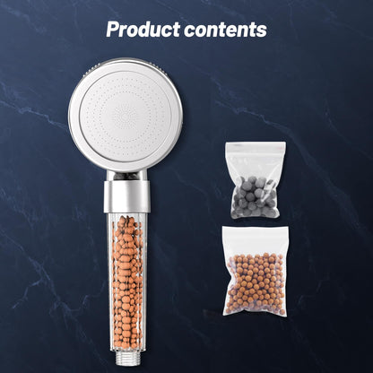 VEHHE Shower Head Powerful Flow with Beads Filter Pressure Boosting Shower Head Spray with 3 Modes Water Saving Bathing for Adults Children Pets Home and Gym Use (White)