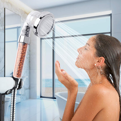 VEHHE Shower Head Powerful Flow with Beads Filter Pressure Boosting Shower Head Spray with 3 Modes Water Saving Bathing for Adults Children Pets Home and Gym Use (White)