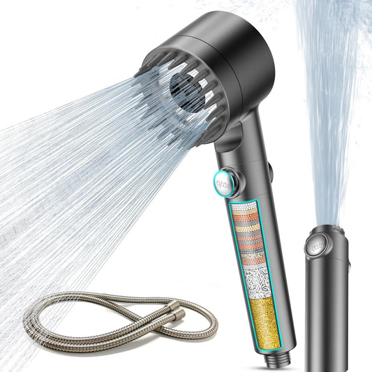 MEKO Hard Water Filter Shower Head with 15 Stage Filter, 3+1 Spray Jet Modes High Pressure Shower Head and 1.5m Hose, Handheld Massage Shower Filter for Residual Chlorine Remove (Grey)