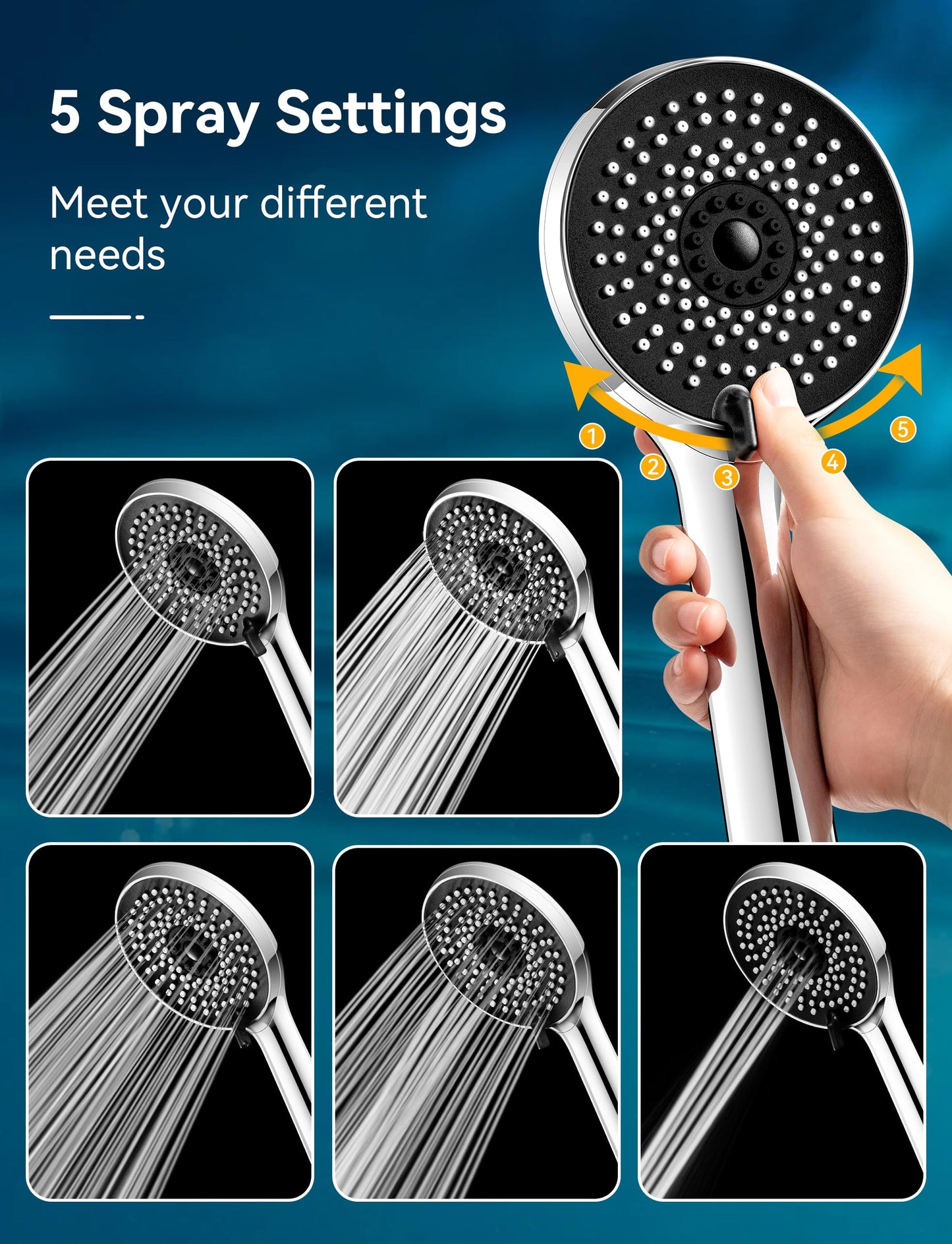 Magichome Shower Head and Hose 2M, High Pressure Shower Head with 5 Modes, Universal Handheld Showerhead for Low Water Pressure